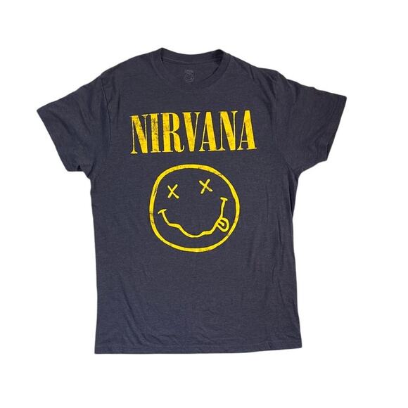 Nirvana Band T-Shirt Large – Blue with Yellow Smiley Face Logo Grunge Rock Tee - Picture 1 of 5